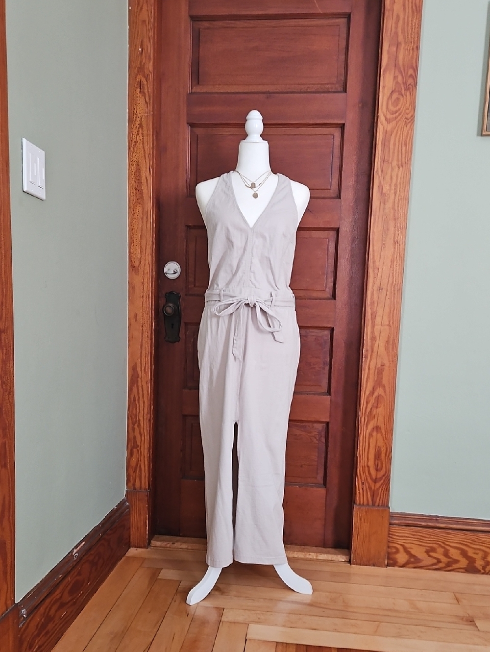 Free People Taupe Sleeveless Tie-Waist Jumpsuit